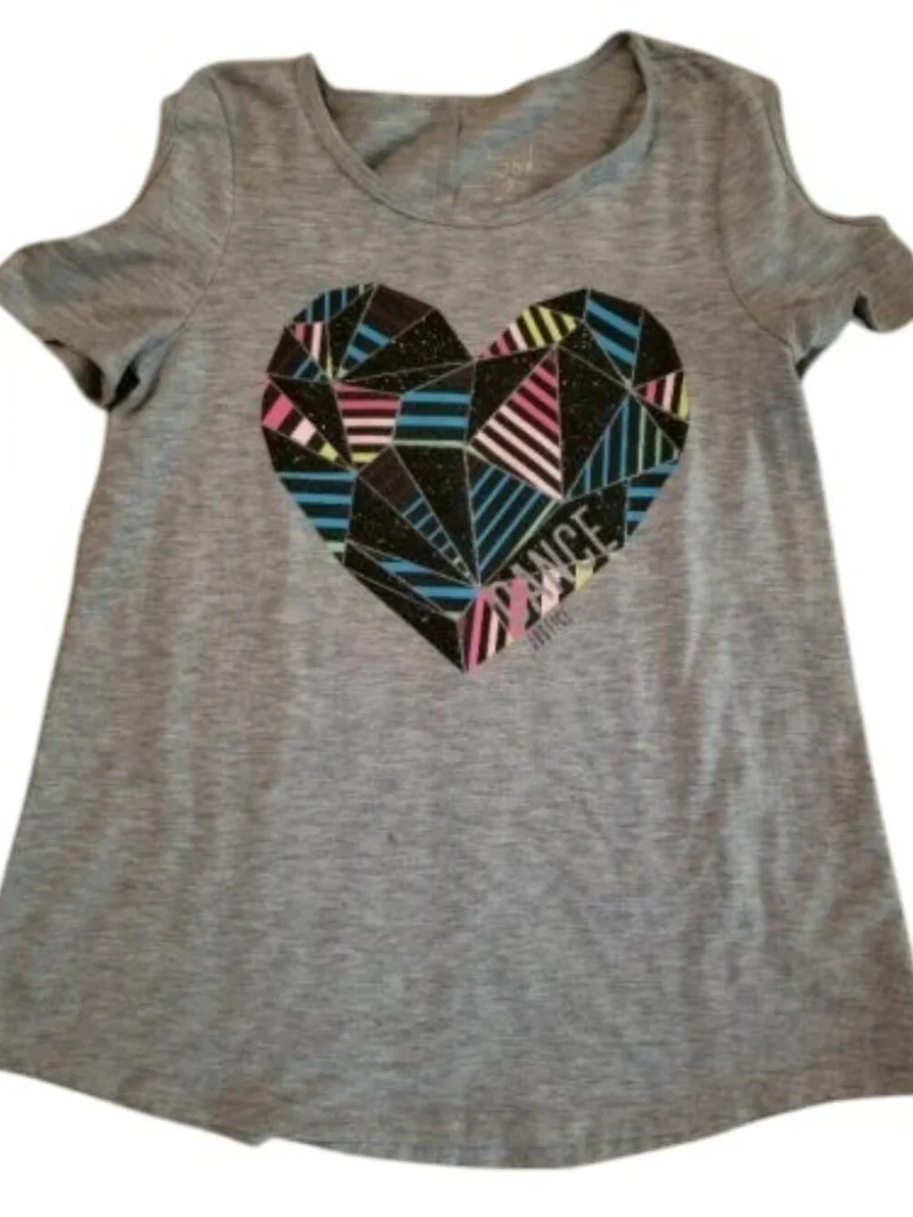 JUSTICE ACTIVE Gray Sparkly Heart Open Shoulder Top Girls Size 7